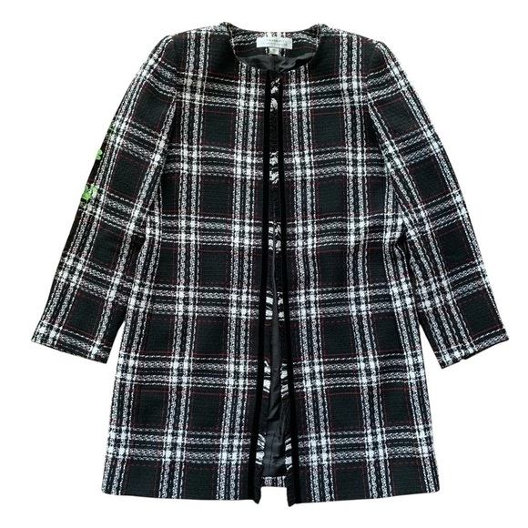 Tahari ASL Levine Plaid Check Fringe Velvet Trim Long Jacket Black White Size 10 - Picture 9 of 9